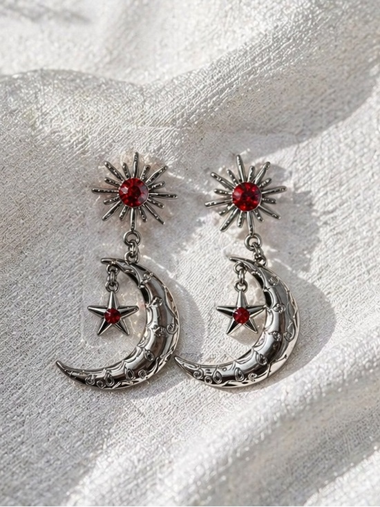 None Jewelry - Silver Crescent Moon & Star Drop Earrings with Red Gem Accents
